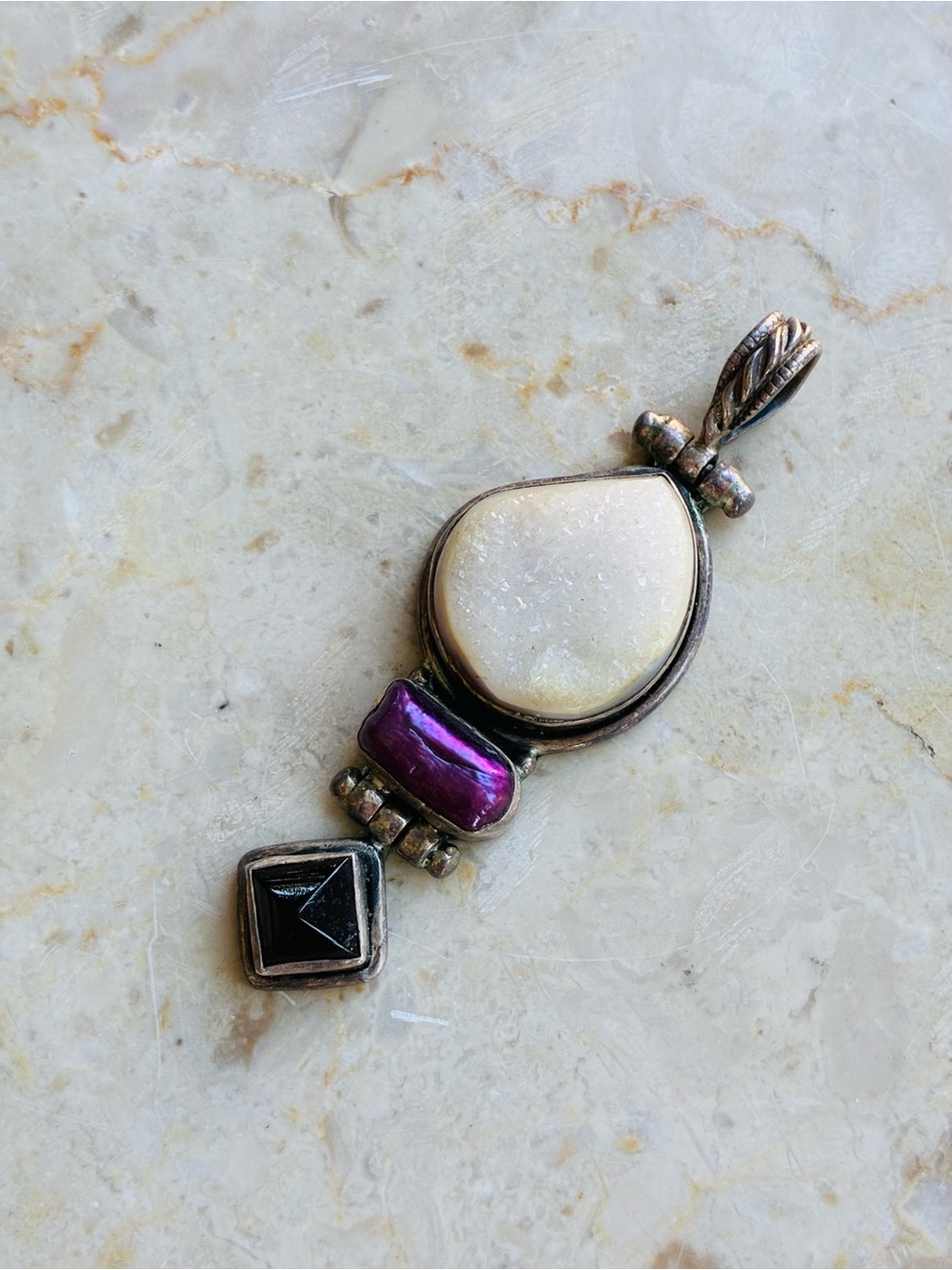 Southwestern Crystal Druzy Stone Sterling Silver Necklace Pendant Vintage 925